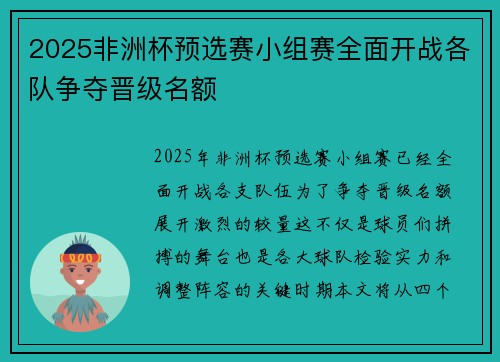2025非洲杯预选赛小组赛全面开战各队争夺晋级名额